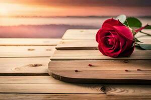 red rose on a wooden table with sunset in the background. AI-Generated photo