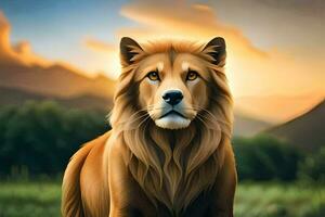 un león soportes en el césped a puesta de sol. generado por ai foto