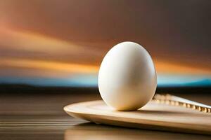 an egg on a wooden cutting board with a sunset in the background. AI-Generated photo