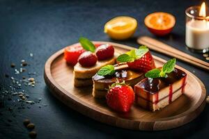 un plato con Tres piezas de pastel y fresas generado por ai foto