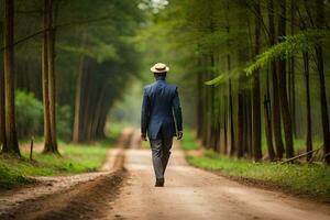 a man in a suit and hat walks down a dirt road in the middle of a forest. AI-Generated photo