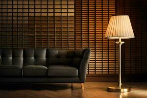 a black couch and a lamp in front of a wall. AI-Generated photo
