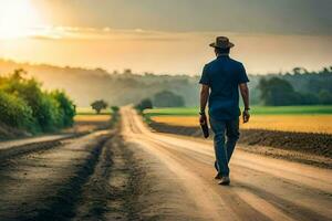 man walking on a dirt road at sunset. AI-Generated photo