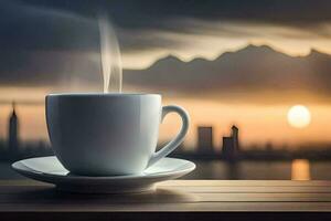 a cup of coffee on a table with a city in the background. AI-Generated photo