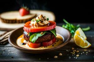 a plate with a burger and tomato on it. AI-Generated photo