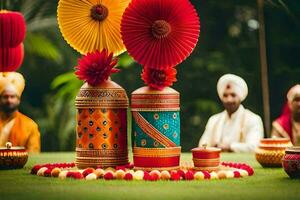 indian wedding decor with colorful paper flowers. AI-Generated photo