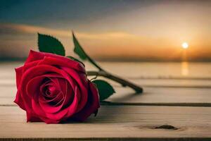 a single red rose on a wooden table with the sun setting in the background. AI-Generated photo