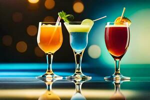 three different types of alcoholic drinks in glasses. AI-Generated photo