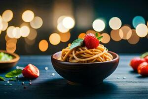 pasta with strawberries and basil on a wooden table. AI-Generated photo