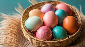 Wicker basket with colorful eggs. AI Generated photo