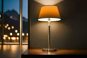 a lamp is on a table in front of a window. AI-Generated photo