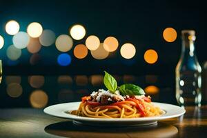 spaghetti with meat and tomato on a plate. AI-Generated photo