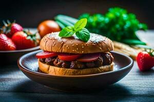 a hamburger with tomatoes and strawberries on a plate. AI-Generated photo