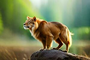 un león en pie en un rock en el medio de un bosque. generado por ai foto