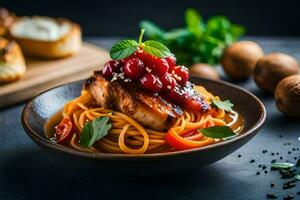 grilled salmon with cherry tomatoes and basil on a plate. AI-Generated photo