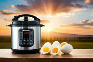 an instant pot with eggs and a pan on a table. AI-Generated photo