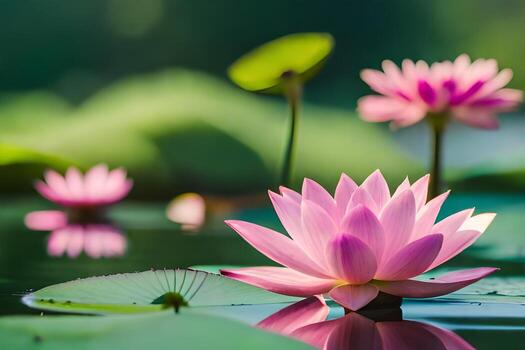 rosado loto flor en agua con hojas y lirio almohadillas generado por ai foto