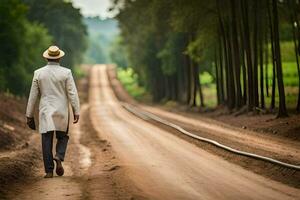 a man in a white suit and hat walking down a dirt road. AI-Generated photo