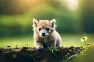 a baby fox is sitting on a log in the grass. AI-Generated photo