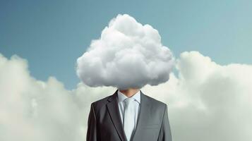 Businessman with white cloud instead of head. Minimal concept. Businessman with zero management ideas and have lot of problems. AI Generated photo