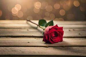 a single red rose on a wooden table with bokeh lights. AI-Generated photo