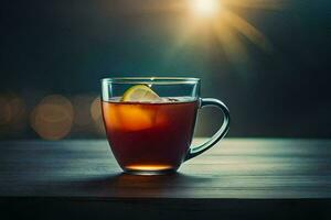 a glass of tea with lemon on a wooden table. AI-Generated photo