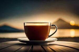a cup of coffee on a table in front of a sunset. AI-Generated photo