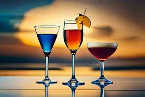 three glasses of different colored drinks on a table. AI-Generated photo