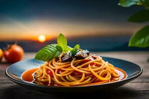 spaghetti with tomato sauce and basil on a plate. AI-Generated photo