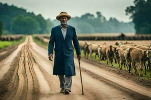 a man in a blue coat and hat walking down a dirt road with sheep. AI-Generated photo