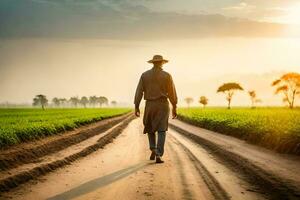 a man in a hat walks down a dirt road. AI-Generated photo