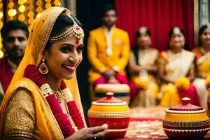 a bride in yellow and gold is smiling at the camera. AI-Generated photo