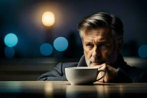 un hombre con gris pelo sentado a un mesa con un taza de café. generado por ai foto