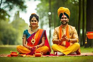 a man and woman in traditional indian attire sit on the grass. AI-Generated photo