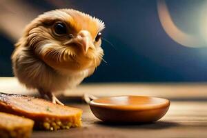 un pequeño pájaro es en pie siguiente a un pedazo de un pan. generado por ai foto