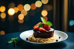 a chocolate dessert with strawberries and a fork on a plate. AI-Generated photo