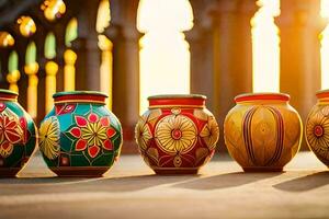 colorful vases lined up in front of a building. AI-Generated photo