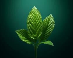Fresh Green Leaves of Mint Plant on Dark Green Background. Best Concept for Product Package Design. AI Generated photo