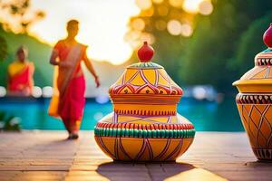 three colorful pots sitting on the ground next to a woman. AI-Generated photo