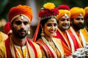 a bride and groom in traditional indian attire. AI-Generated photo