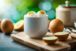 a cup of boiled eggs on a cutting board. AI-Generated photo