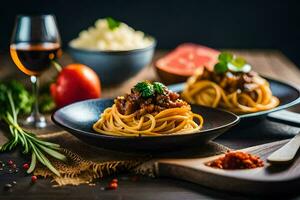 spaghetti with meat and vegetables on a wooden table. AI-Generated photo