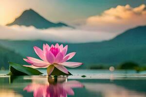 a pink lotus flower in the water with mountains in the background. AI-Generated photo