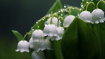 Lilies of the valley flower in forest, spring time, white bells flowers, dew drops on a green leaves. AI Generated photo