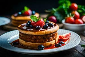 a stack of pancakes with strawberries and blueberries. AI-Generated photo