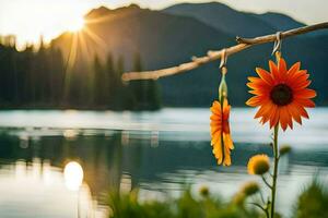 sunflowers hanging from a branch over a lake. AI-Generated photo