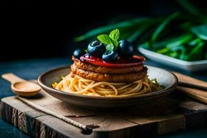 a plate of spaghetti with blueberries and a fork on a wooden cutting board. AI-Generated photo