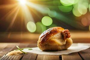 a piece of chicken on a wooden table. AI-Generated photo