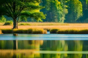 a tree is reflected in the water near a marsh. AI-Generated photo