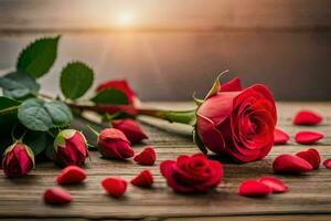 red roses on a wooden table with petals scattered. AI-Generated photo